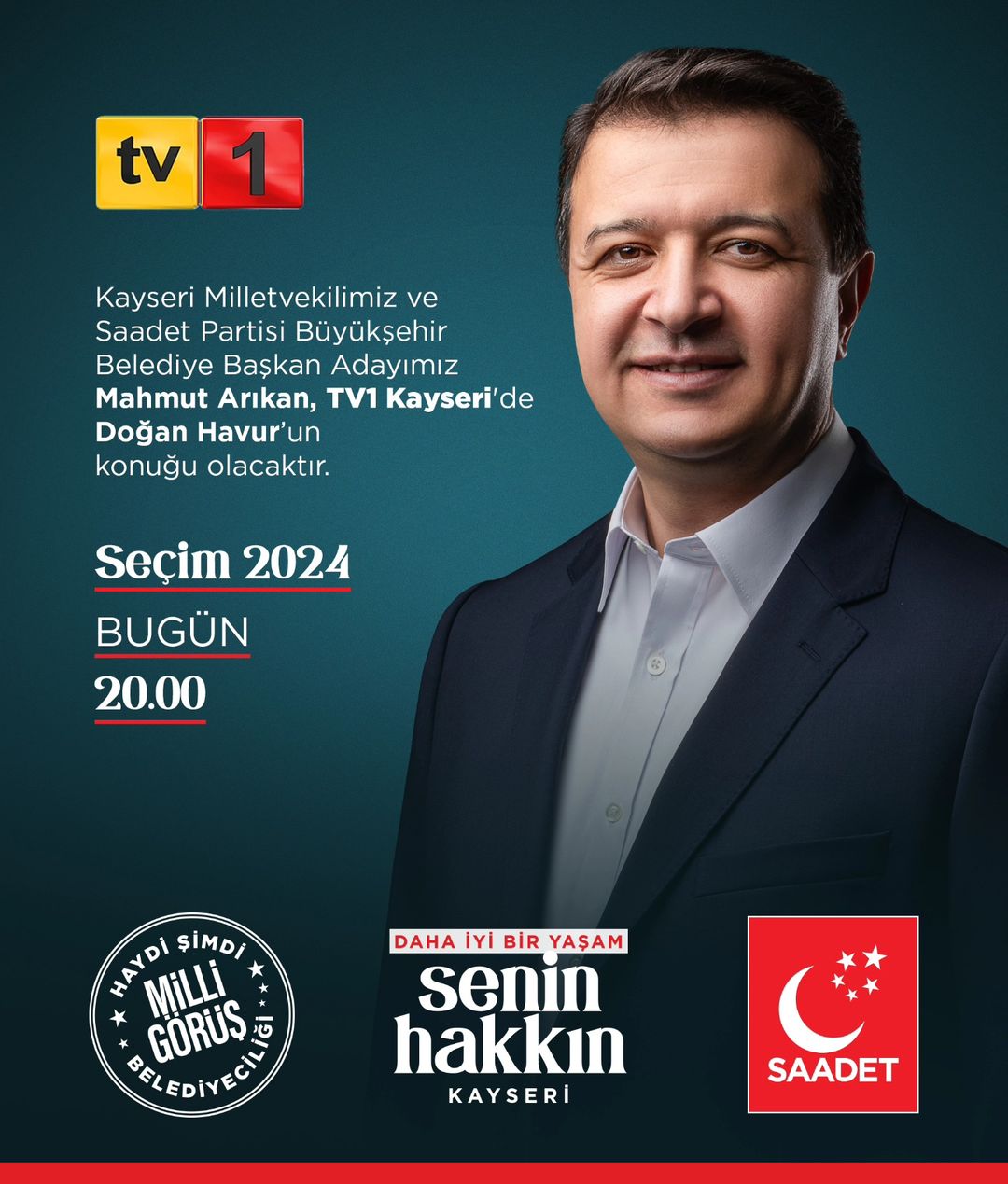 Kayseri Milletvekili Mahmut Arıkan, TV1'de Seçim 2024 programına konuk olacak