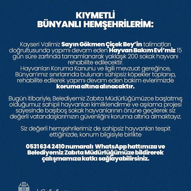 Bünyan'da Sokak Hayvanları İçin Rehabilitasyon Merkezi İnşası Tamamlanmak Üzere